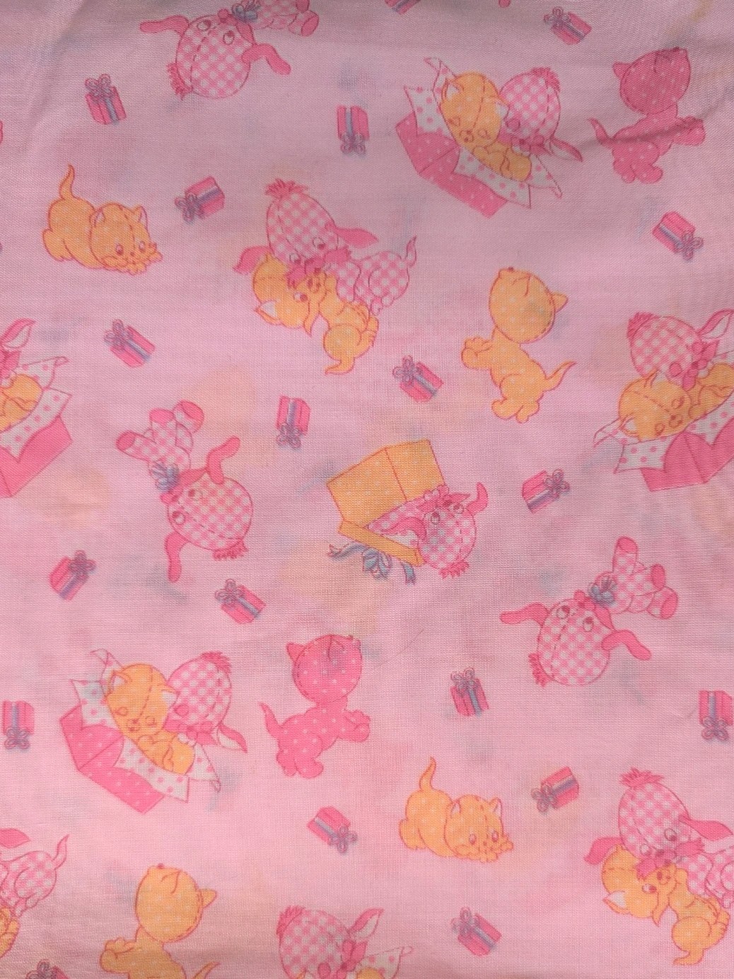 Vintage 70s Novelty Baby Fabric  NURSERY PINK KITTEN Puppy Retro Cotton Blend