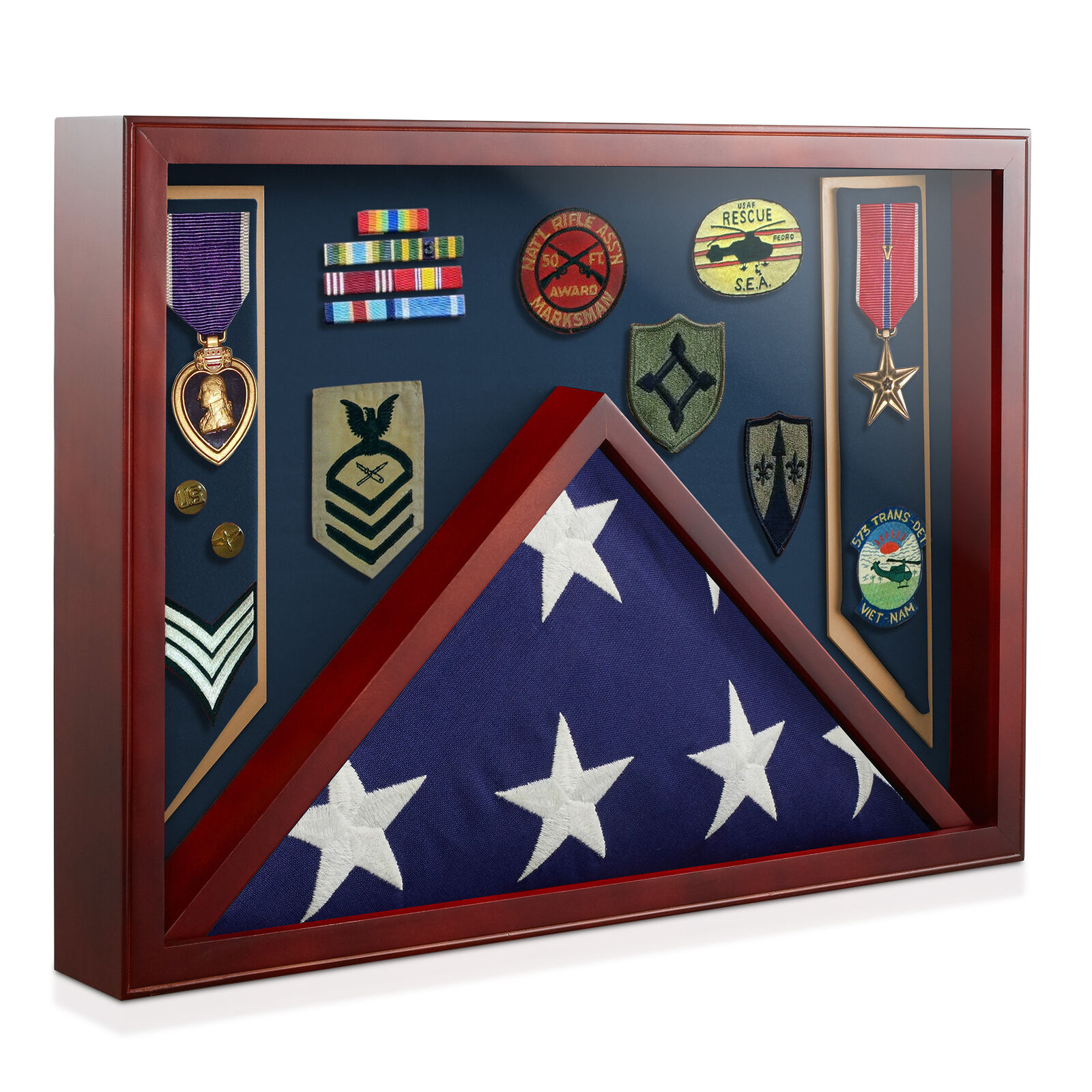Military Shadow Box Display Case for Burial Flag, Medals - Navy Blue Velvet