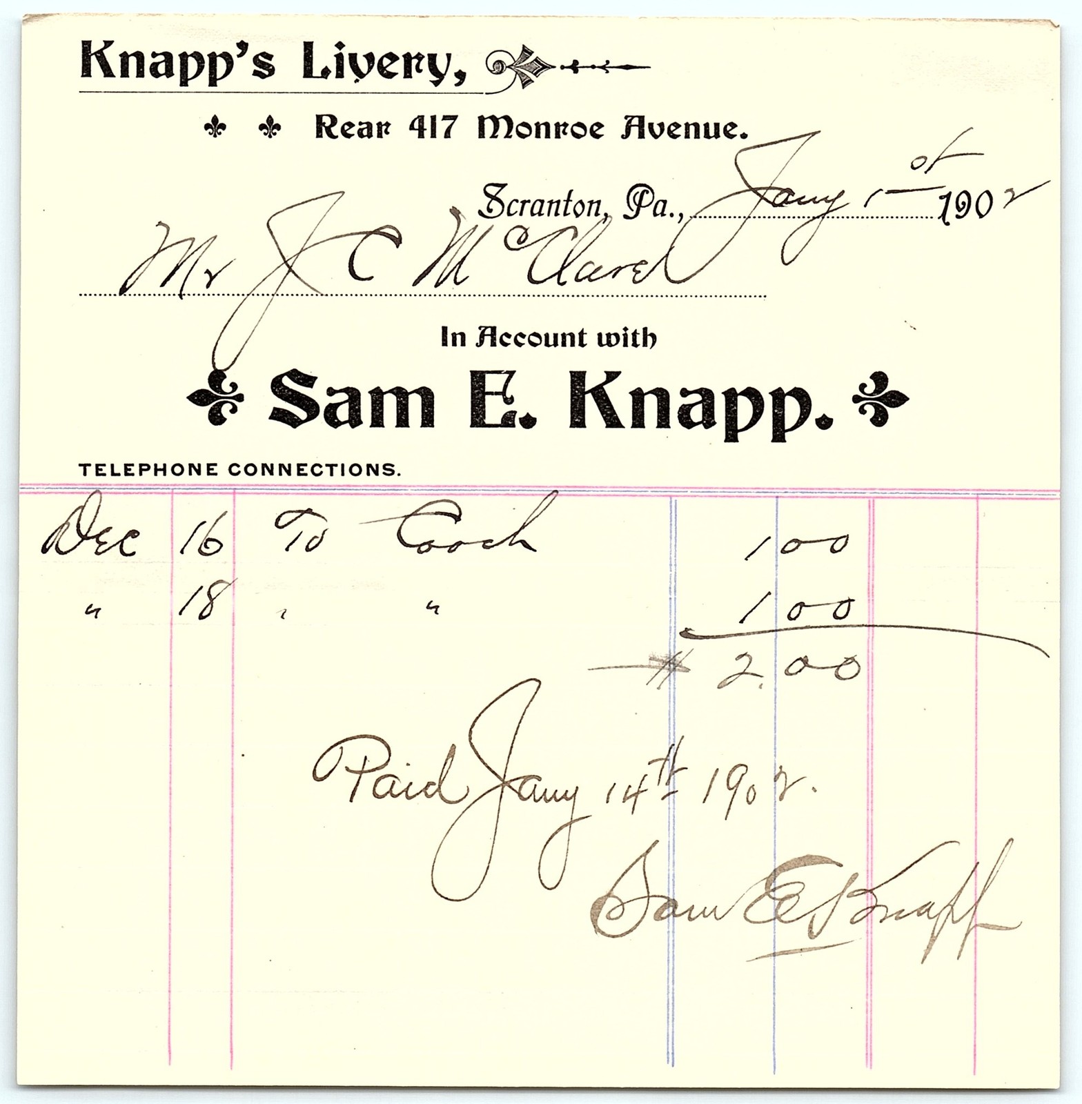 1907 Knapp\'s Livery Billhead - Scranton, PA