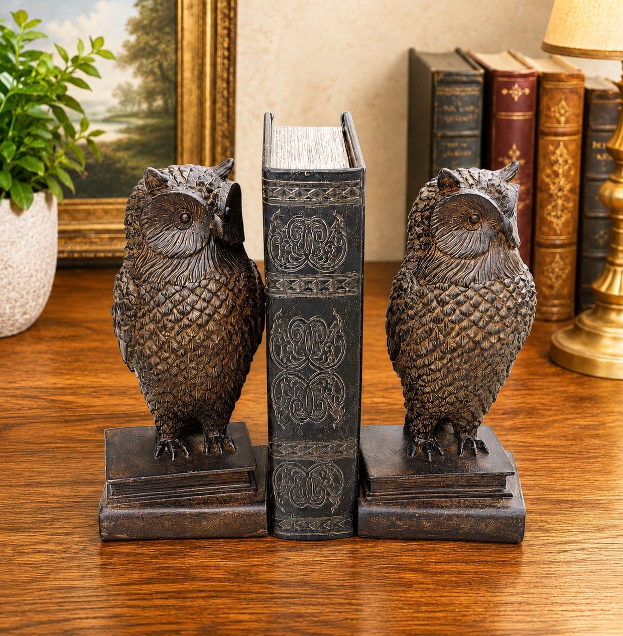 Set Of Carved Brown Owl Standing On Books Figurines Owl Bookends Owl Decor