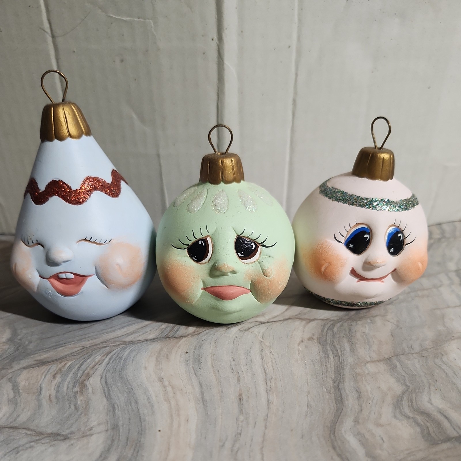 Anthropomorphic Drip Drop 3 Ceramic Christmas Ornament Happy Whimsical Vintage