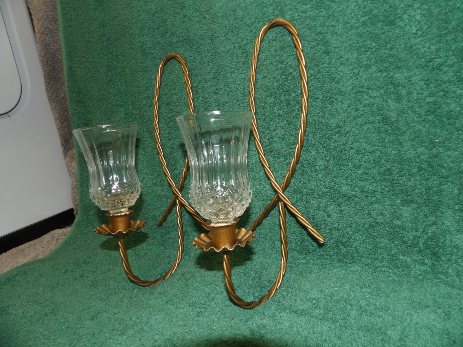 VTG Gold Metal Twisted Rope Wall Sconces Candle Holders Set of 2 w/Glass Votives