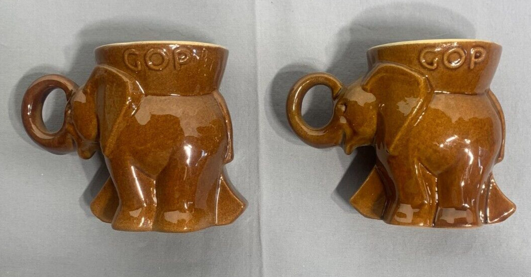 Two Vintage Frankoma GOP Elephant Mug Coffee Cup 1974 Brown US Patent D 215-868