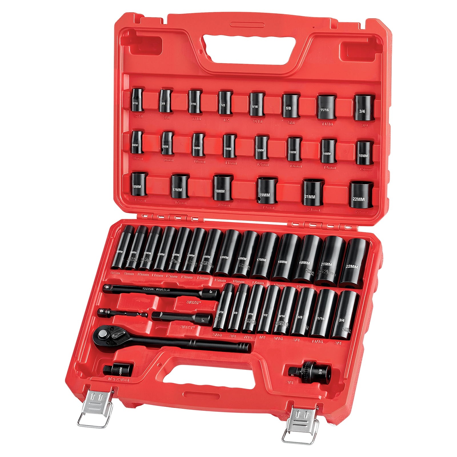 3/8 Inch Drive Impact Socket Set, 50 Pieces, 6-Point Deep & Shallow Sockets, SAE
