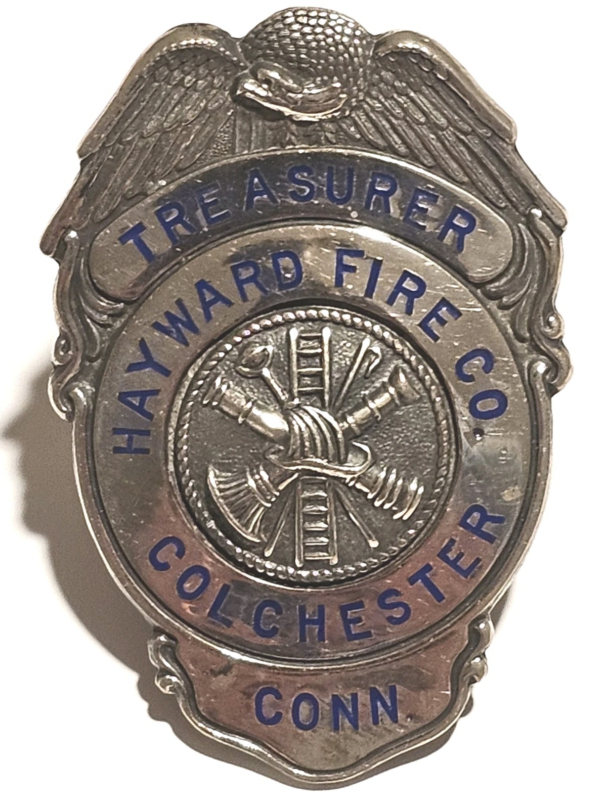Vintage Hayward Fire Co. Colchester Conn. Treasurer Badge Pinback Sterling
