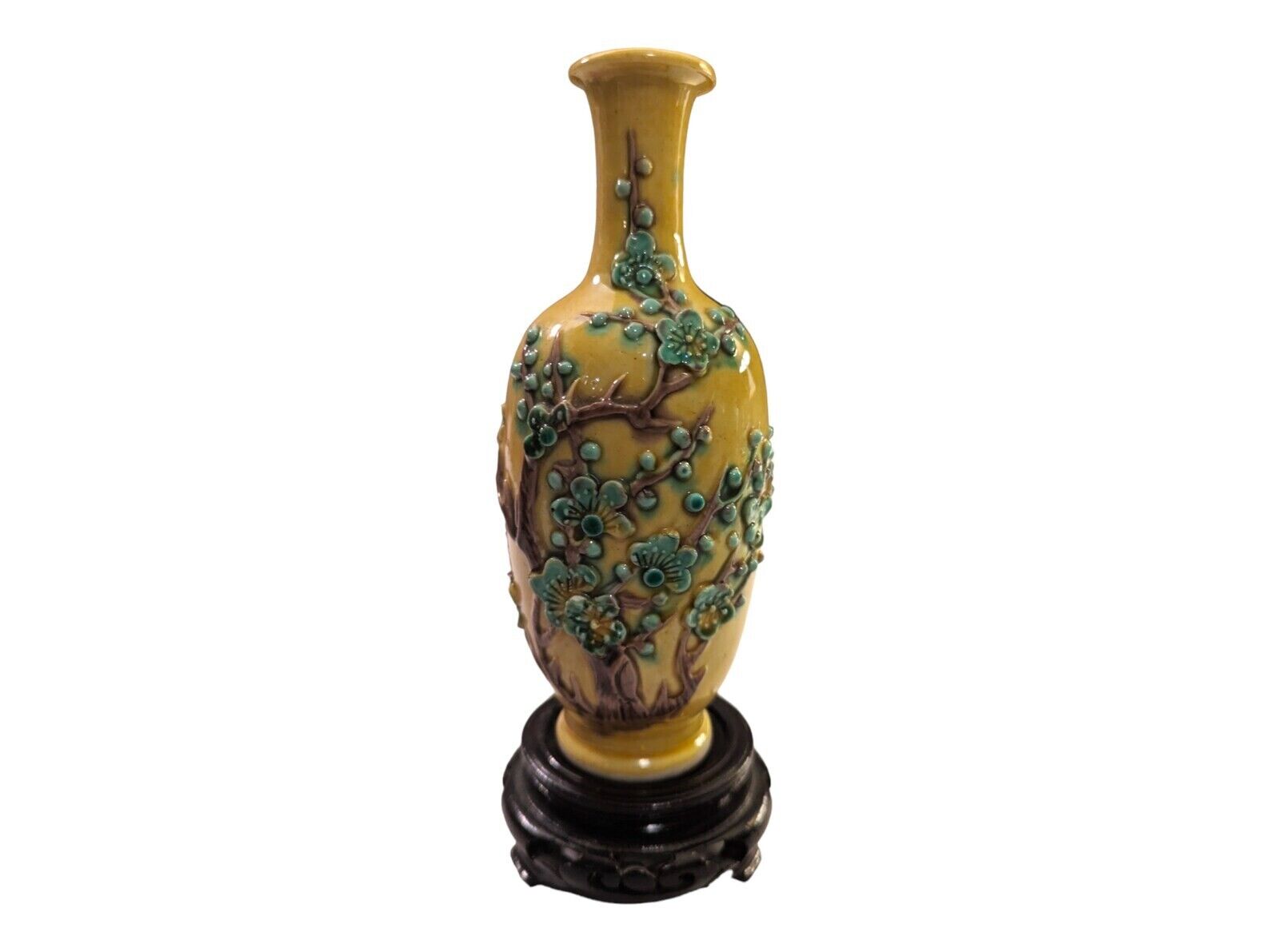 Miniature Chinese Yellow Applied Plum Blossom Trees Butterfly Porcelain Bud Vase