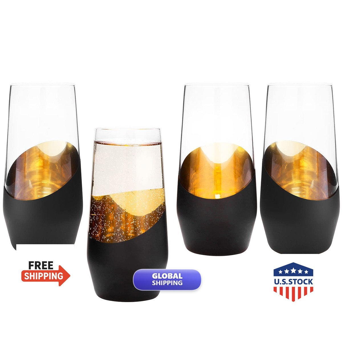 MyGift Set of 4 Black & Gold Stemless Champagne Flutes 11 oz