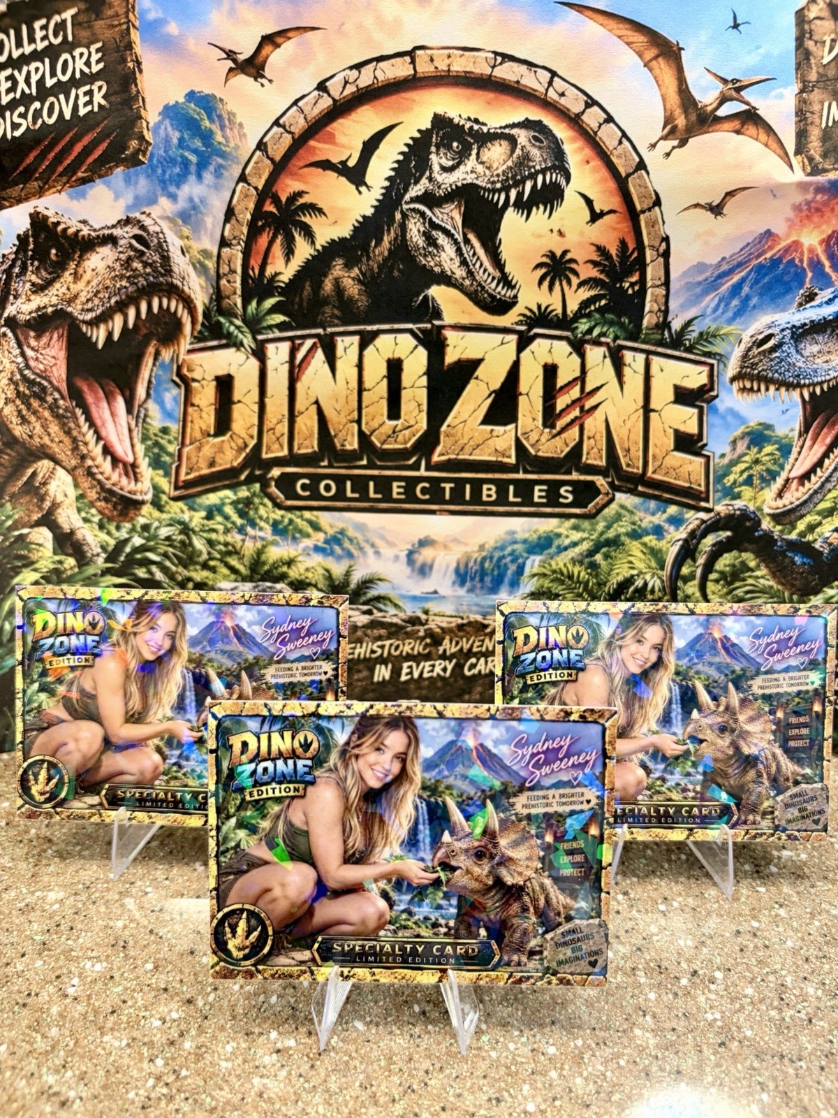 3 Pk Dino Zone Sydney Sweeney Cracked Ice Custom Novelty Baby Triceratops Cards