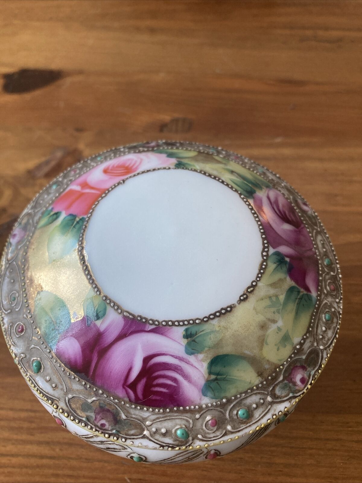 Vintage Hand Painted Nippon Footed Floral Powder Or Trinket Box with Lid 4”