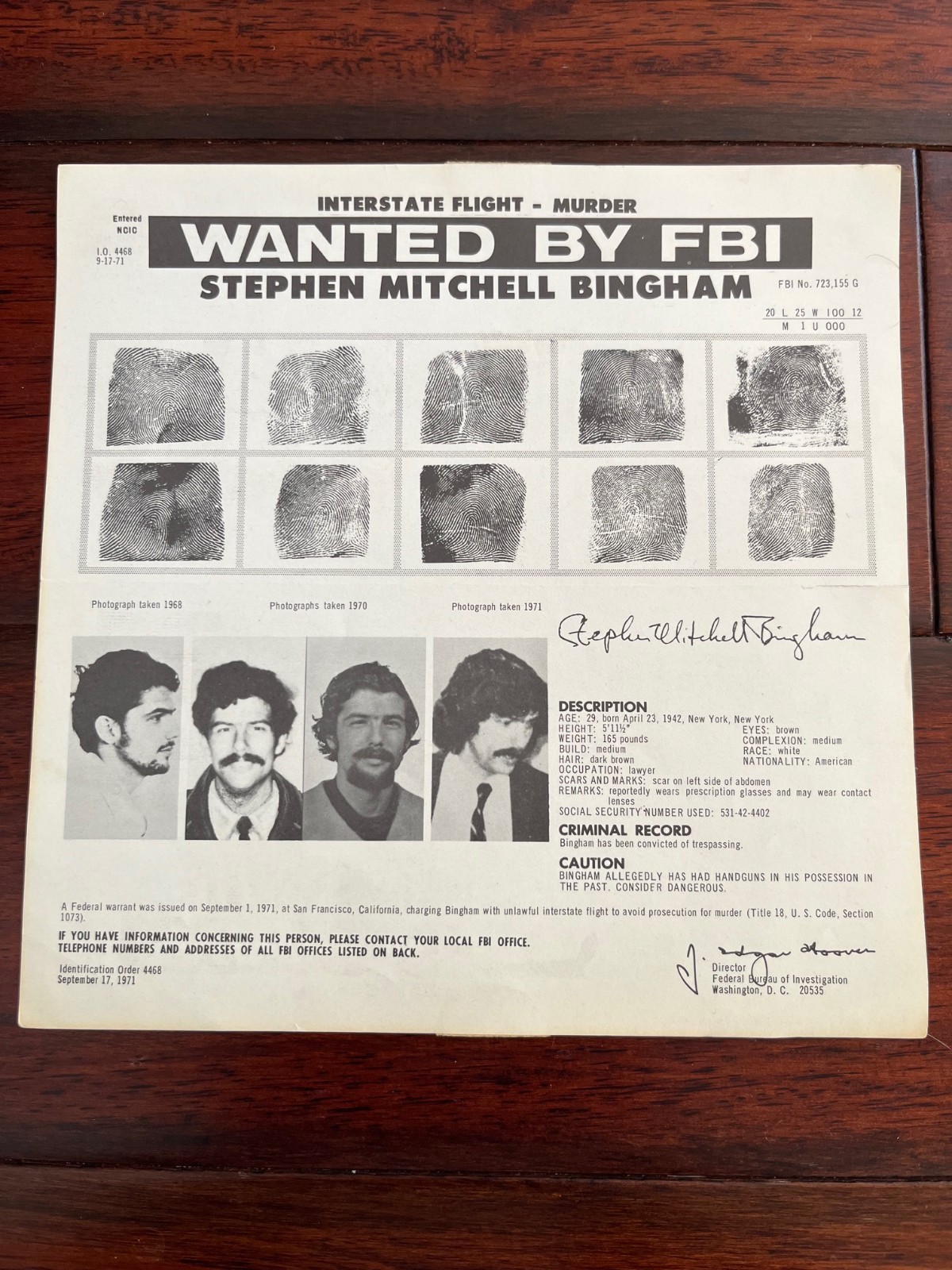 *RARE* 1971 STEPHEN BINGHAM BLACK PANTHER PARTY GEORGE JACKSON FBI WANTED POSTER