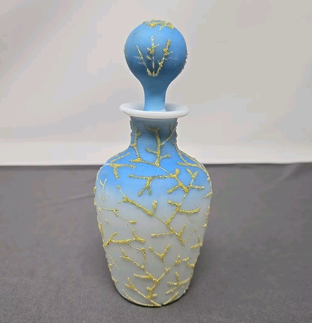 Antique Blue White Coralene Glass Perfume Bottle 6 3/4\