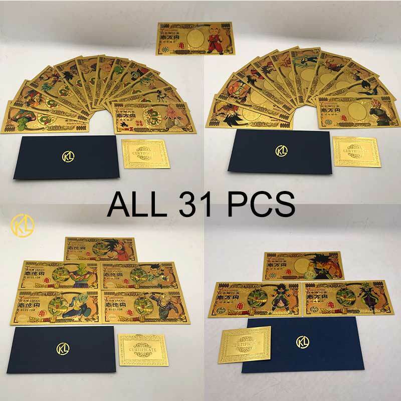 31 pcs Japanese Dragon ballz Gold Anime Gold Banknote Cards For Kids Gift