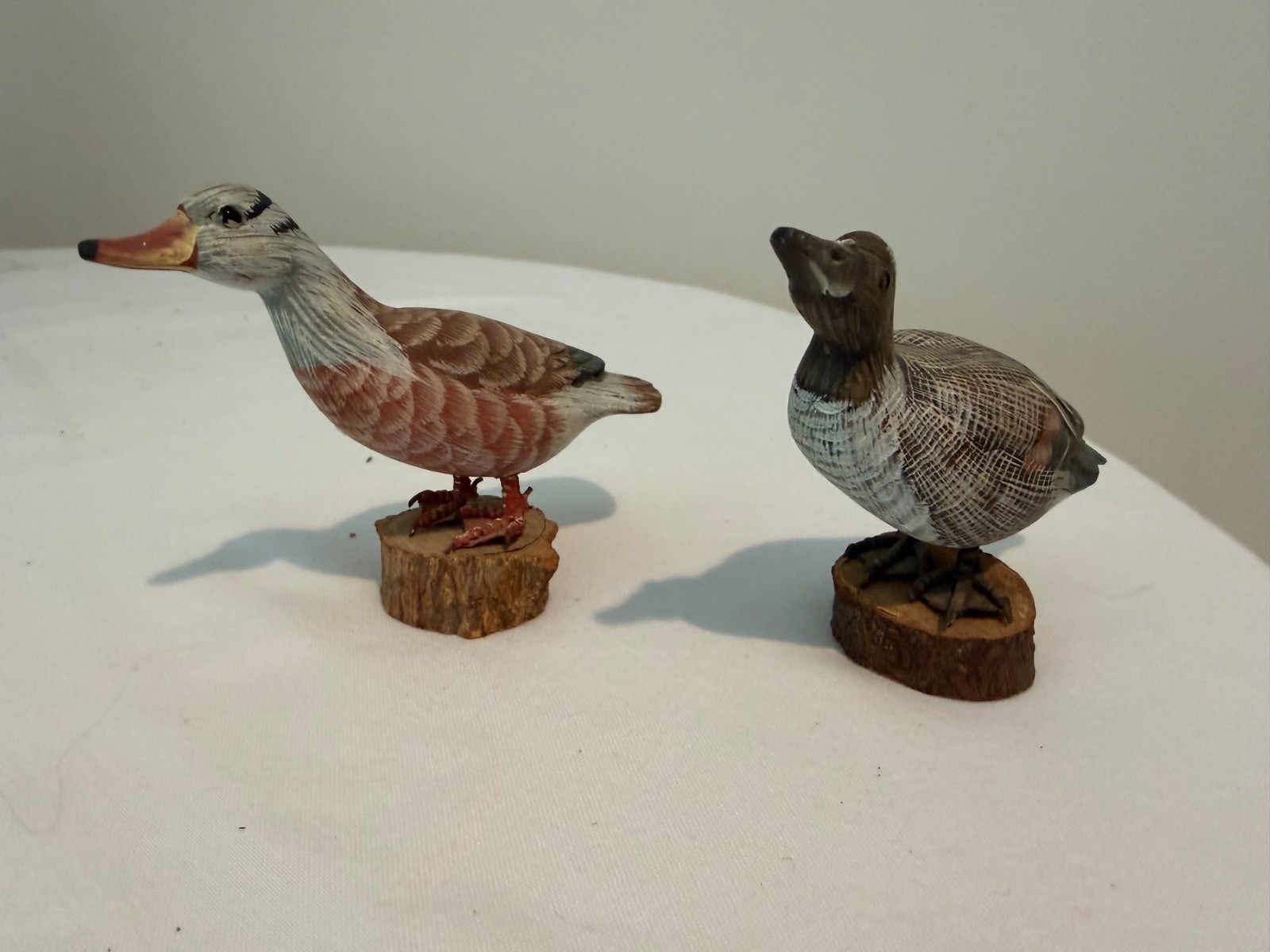Pair Vintage Miniature Hand Carved Wood Duck Decoys Figurines on Wood Slice Base