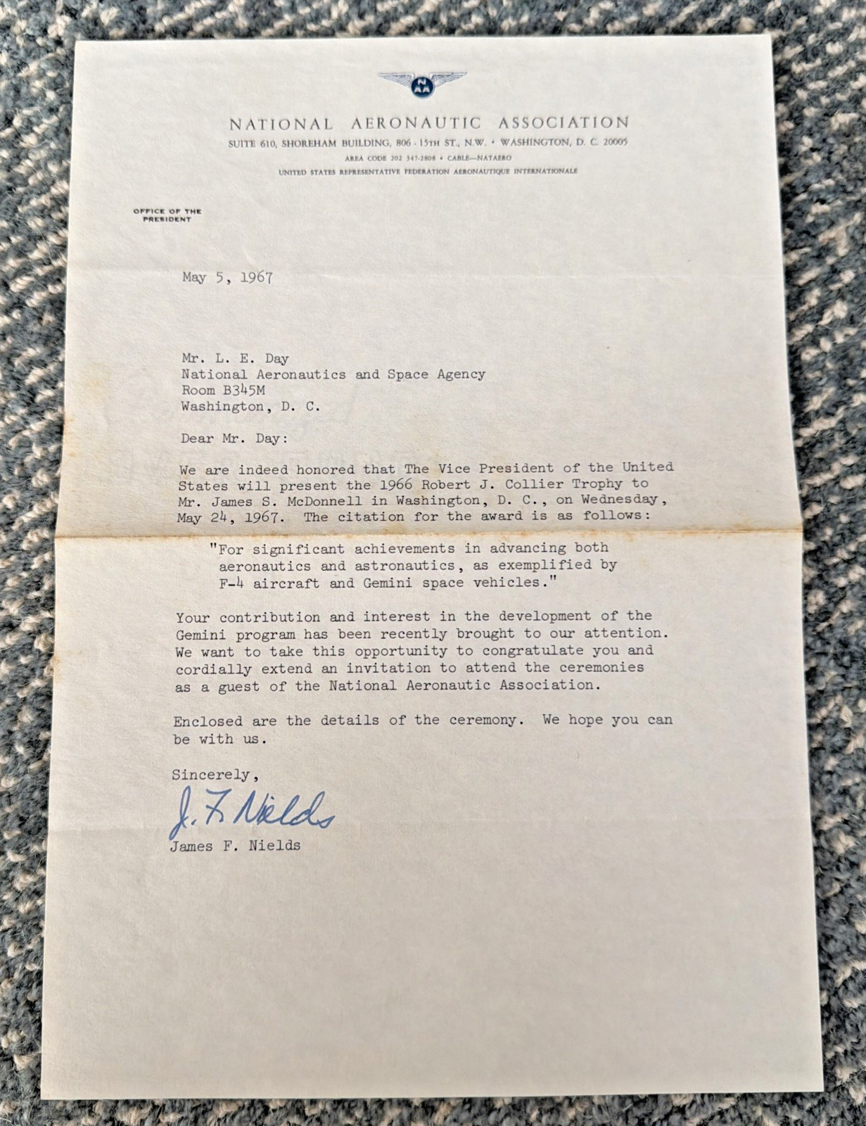 May 5, 1967 Letter from James Nields NAA NASA to L.E. Day re: Gemini Award