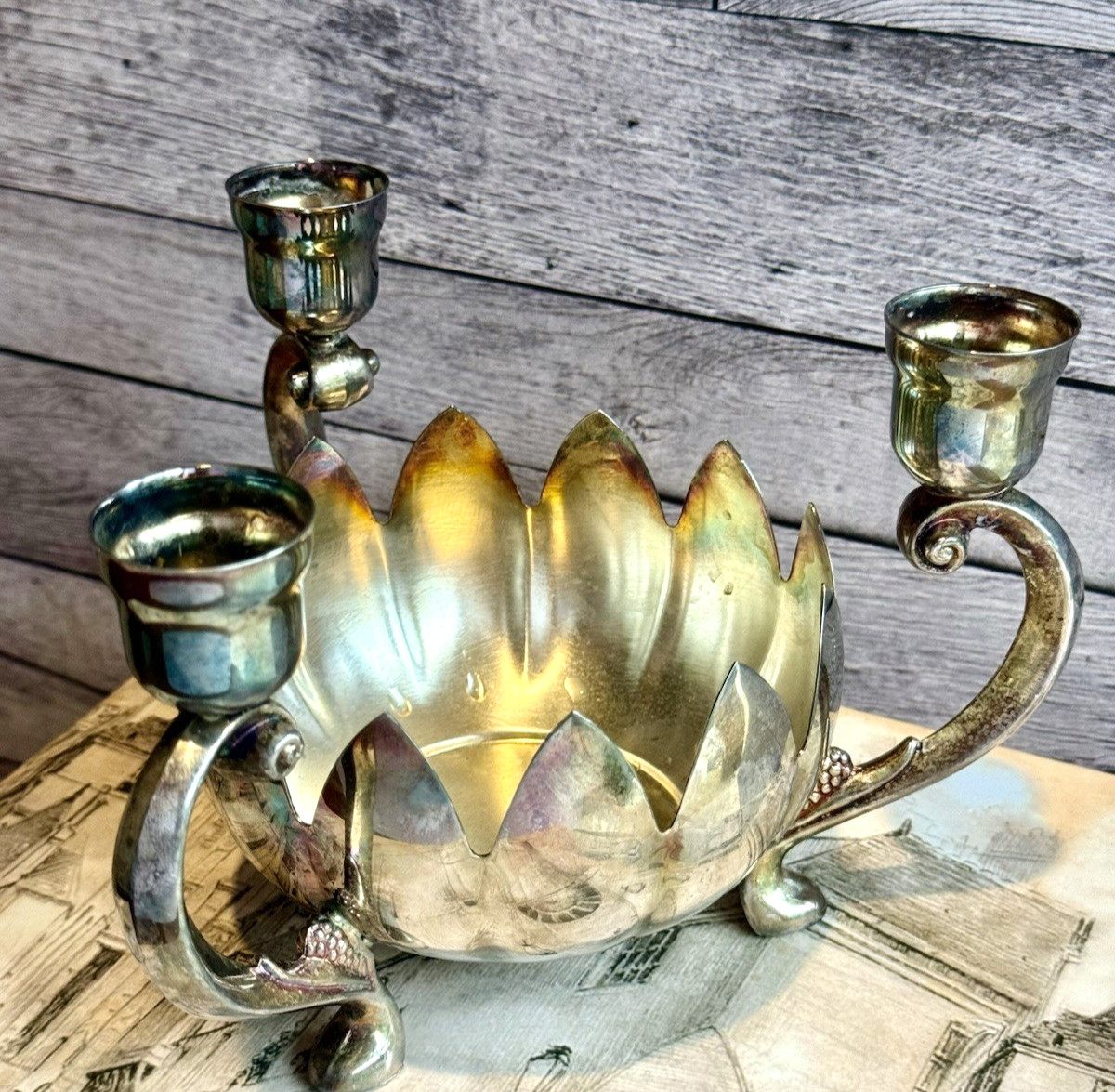 Vintage Silverplate Lotus Flower Centerpiece Bowl 3 Taper Candle Holder Unmarked