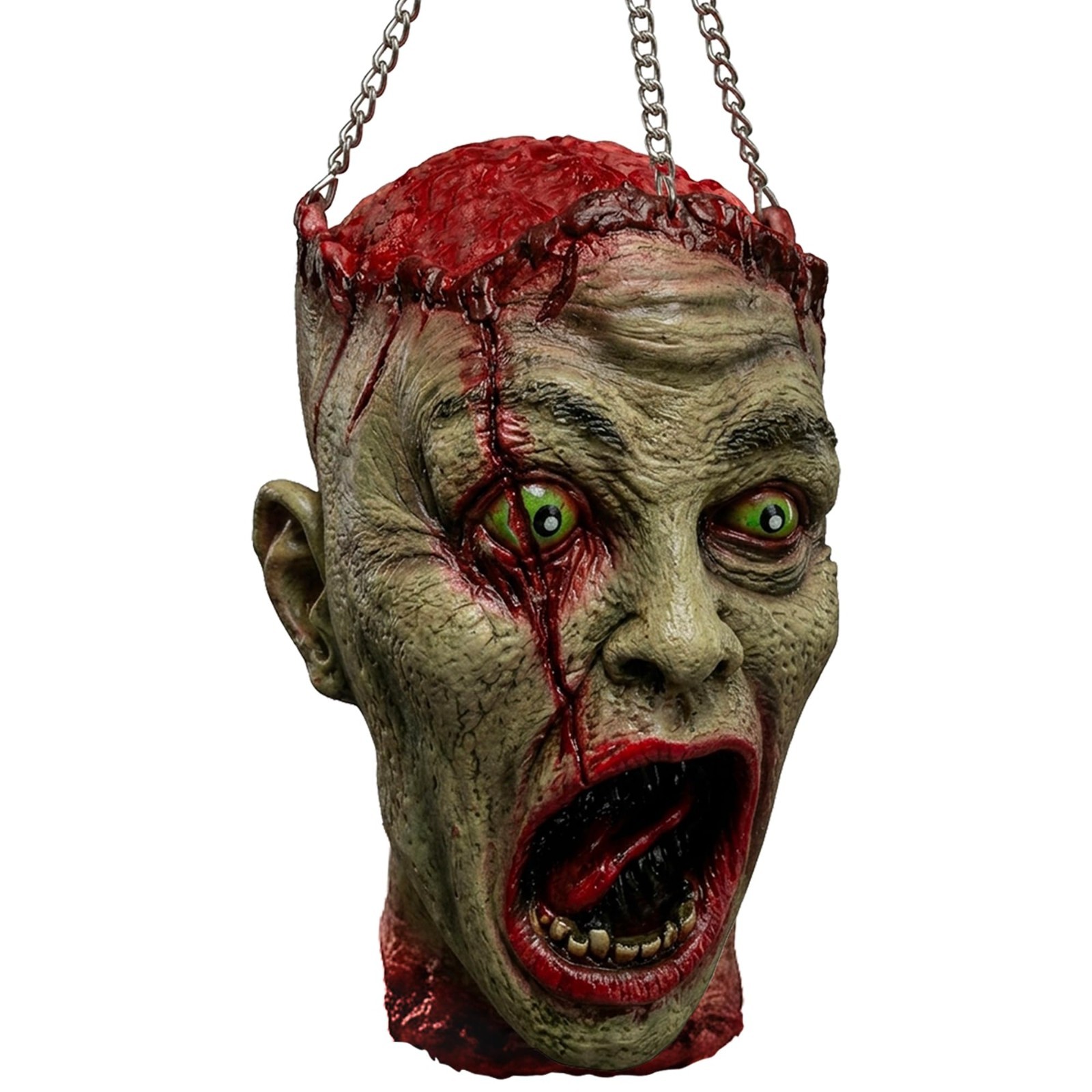 Halloween Bloody Latex Zombie Head Prop 11.8in Hanging Severed Head 3 Chains
