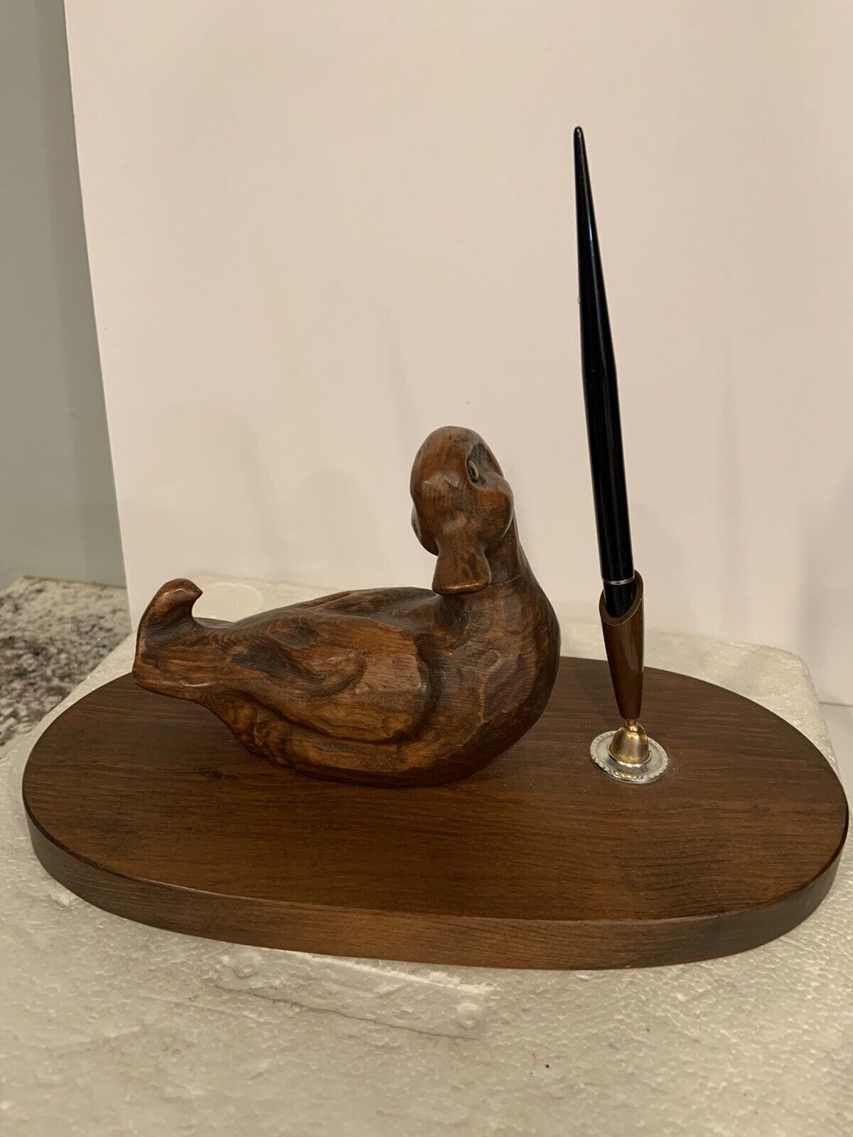 Vtg Wooden Duck Desk Pen Holder Hand Carved By Alt Weisskopf German Artist W/Pen