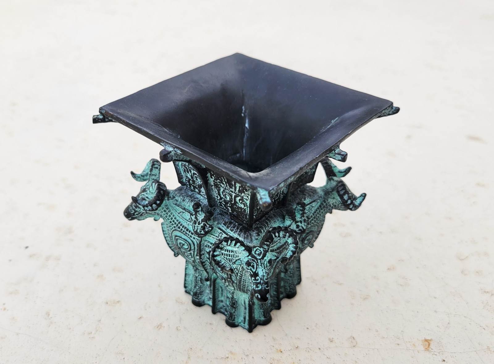 FOUR GOAT SQUARE ZUN REPRODUCTION BRONZE WINE VESSEL SHANG DYNASTY