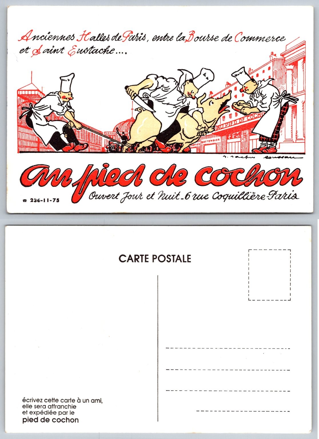 Au Pied de Cochon Restaurant Paris Les Halles Vachon Cartoon Postcard