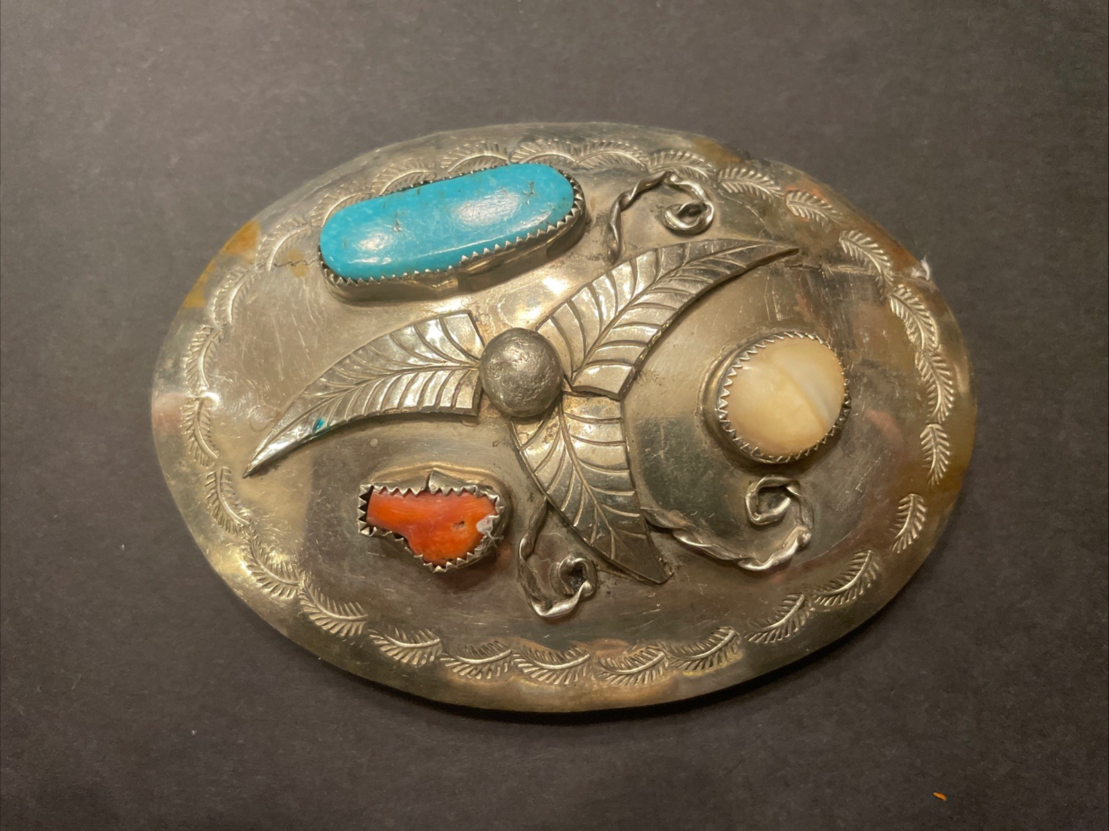Vtg Navajo Sand Cast Sterling Silver Belt Buckle T.K. Emerson TK Multi-Stone 57g