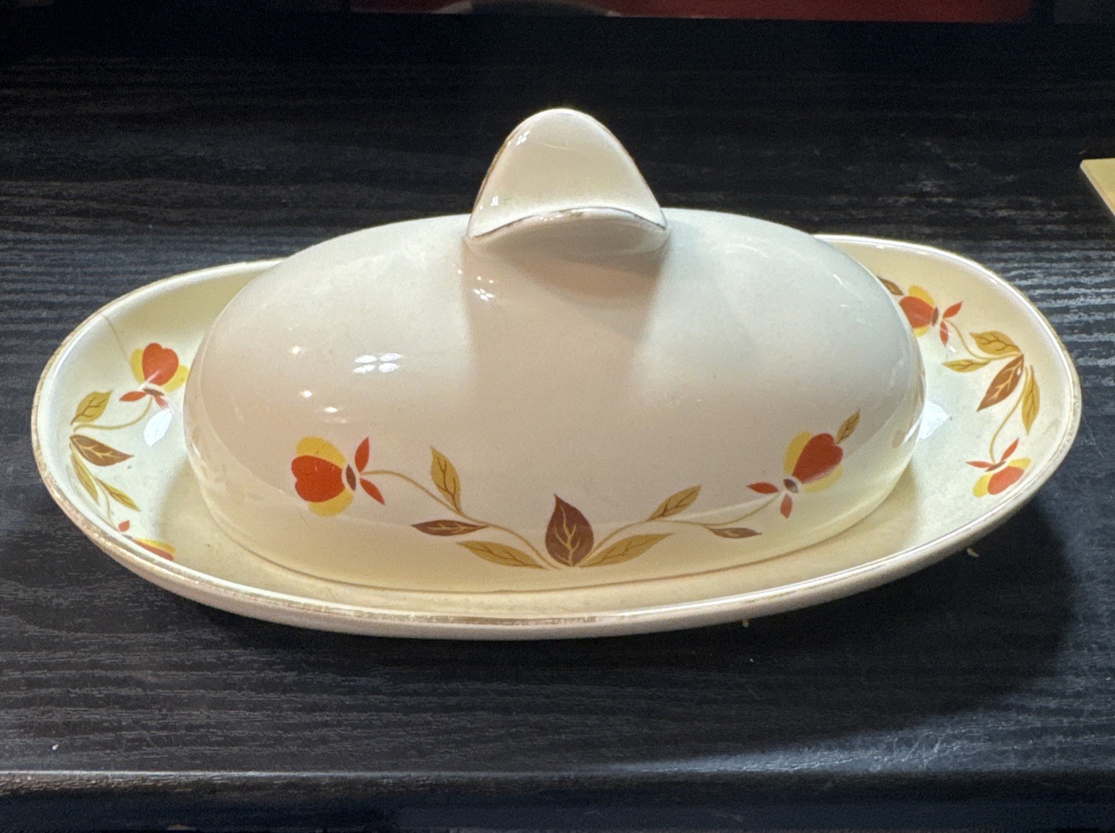 Rare Halls Autumn Leaf Butterfly Handle Butter Dish