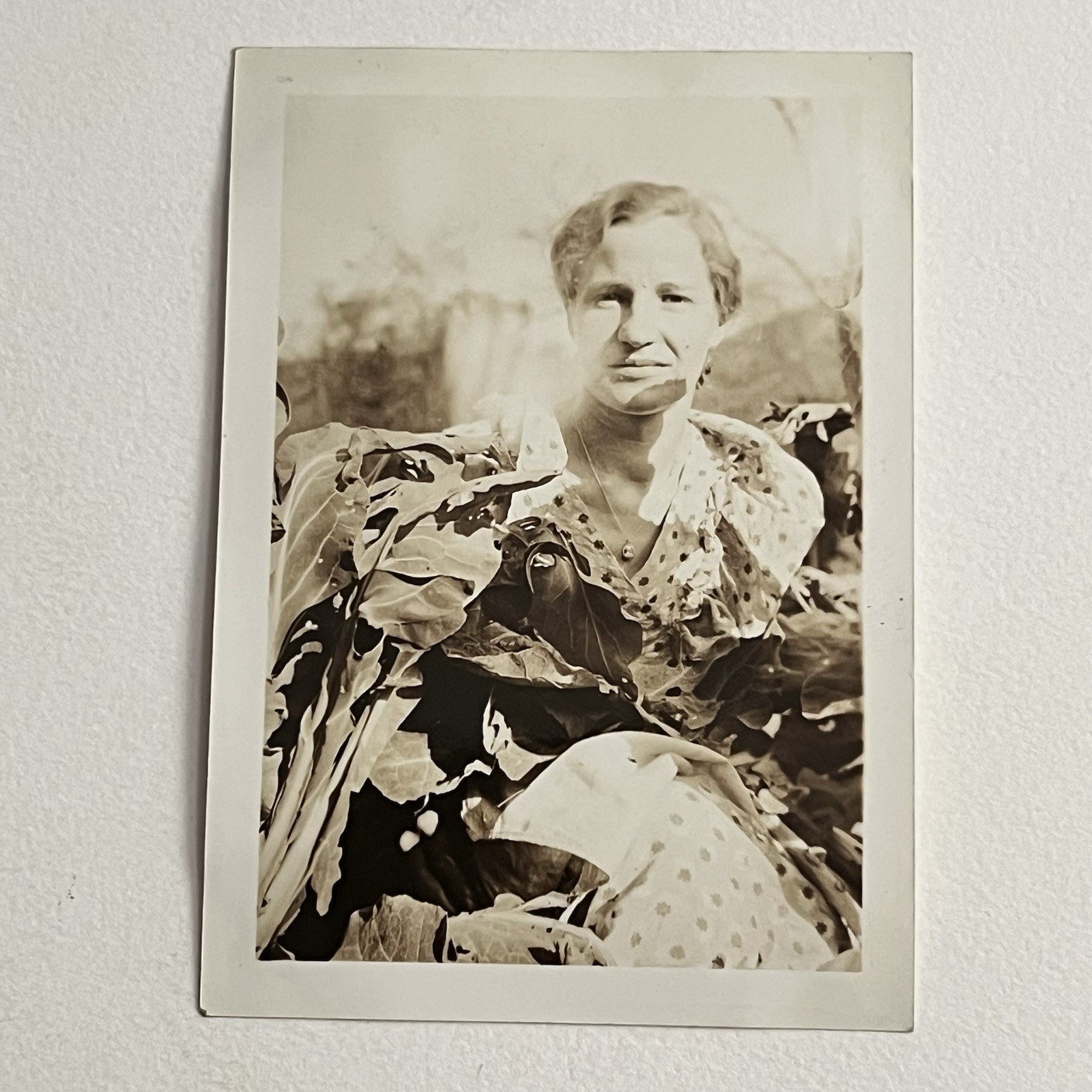 Vintage Sepia Snapshot Photograph Woman In Bush Plant Odd Unique Artistic