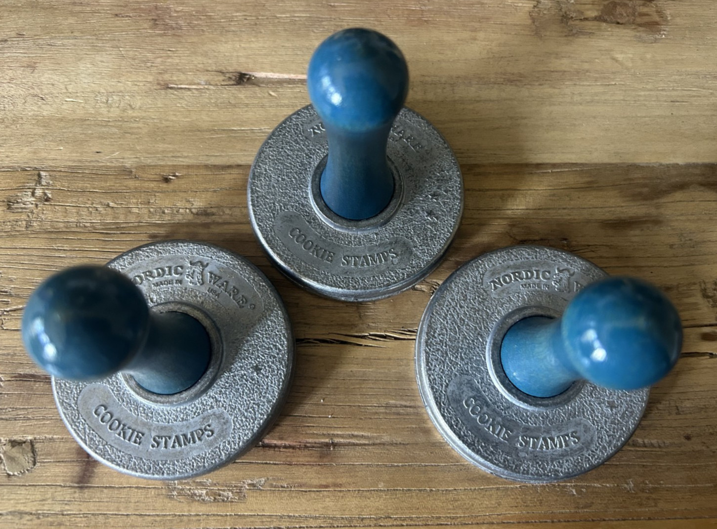 Set of 3 Nordic Ware Metal Christmas Cookie Snowflake Stamps Blue Wood Handle