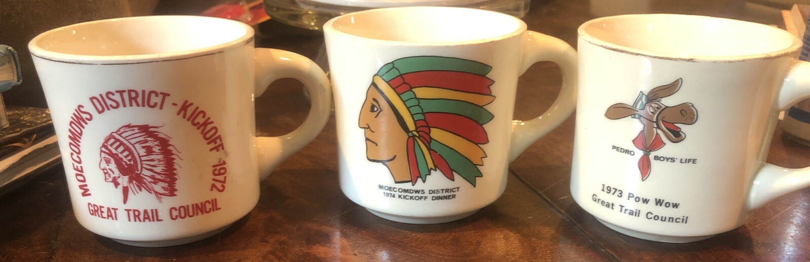 Lot of 3 Vintage Boy Scouts BSA Coffee Mug Cups 1972-74 Moecomdws POW Wow Indian Lot of 3 Vintage Boy Scouts BSA Coffee Mug Cups 1972-74 Moecomdws POW Wow Indian