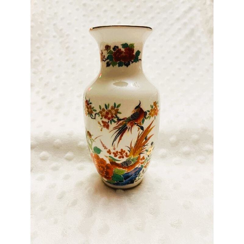 Vintage Handpainted Japanese Floral Phoenix Porcelain Vase w/Gold Accents(1980s)