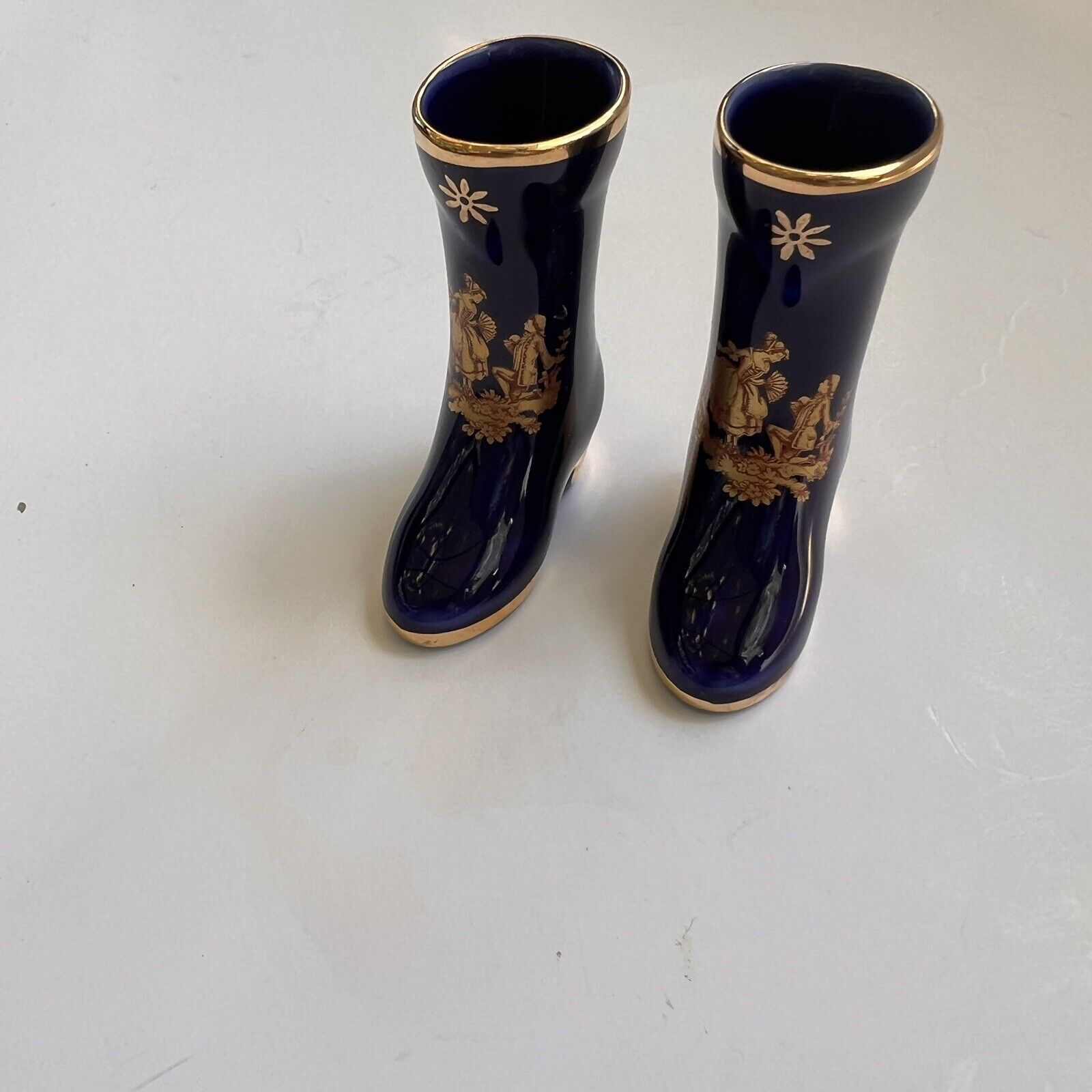 Vintage (2 ) Limoges Cobalt Blue And Gold , Decorated Boots Vase 2 in tall