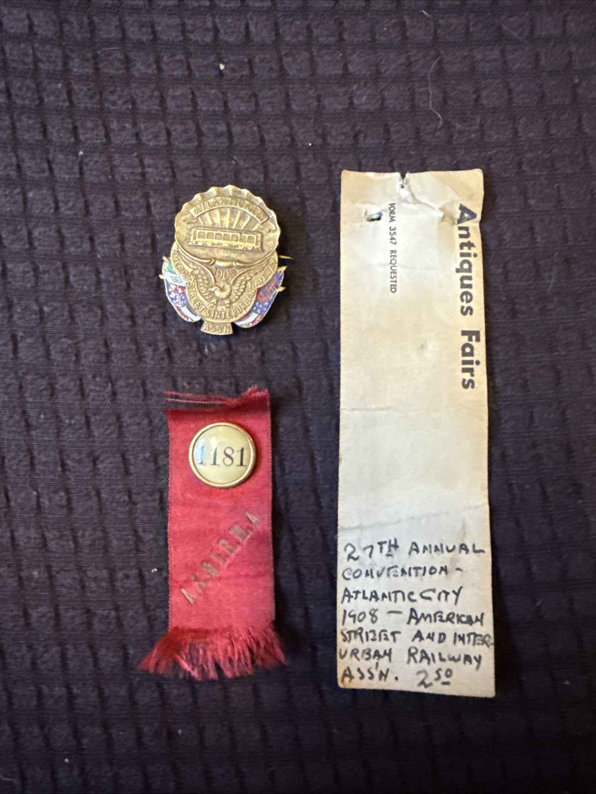 1908 Whitehead & Hoag Electric Railway Badge Medal Atlantic City ASIRA Trolley