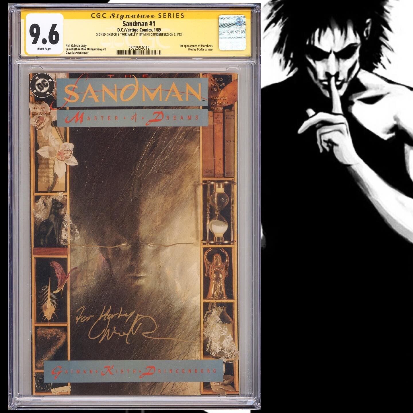 CGC 9.6 SS Sandman #1 signed sketch personalized by Dringenberg 1989 White Pages