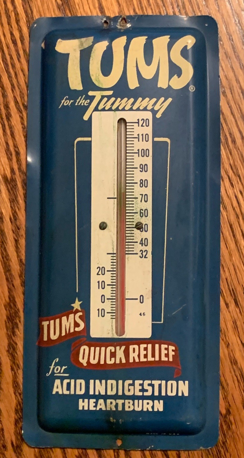 TUMS For The Tummy Thermometer Metal Advertising Sign 9x4” General Store VTG MCM