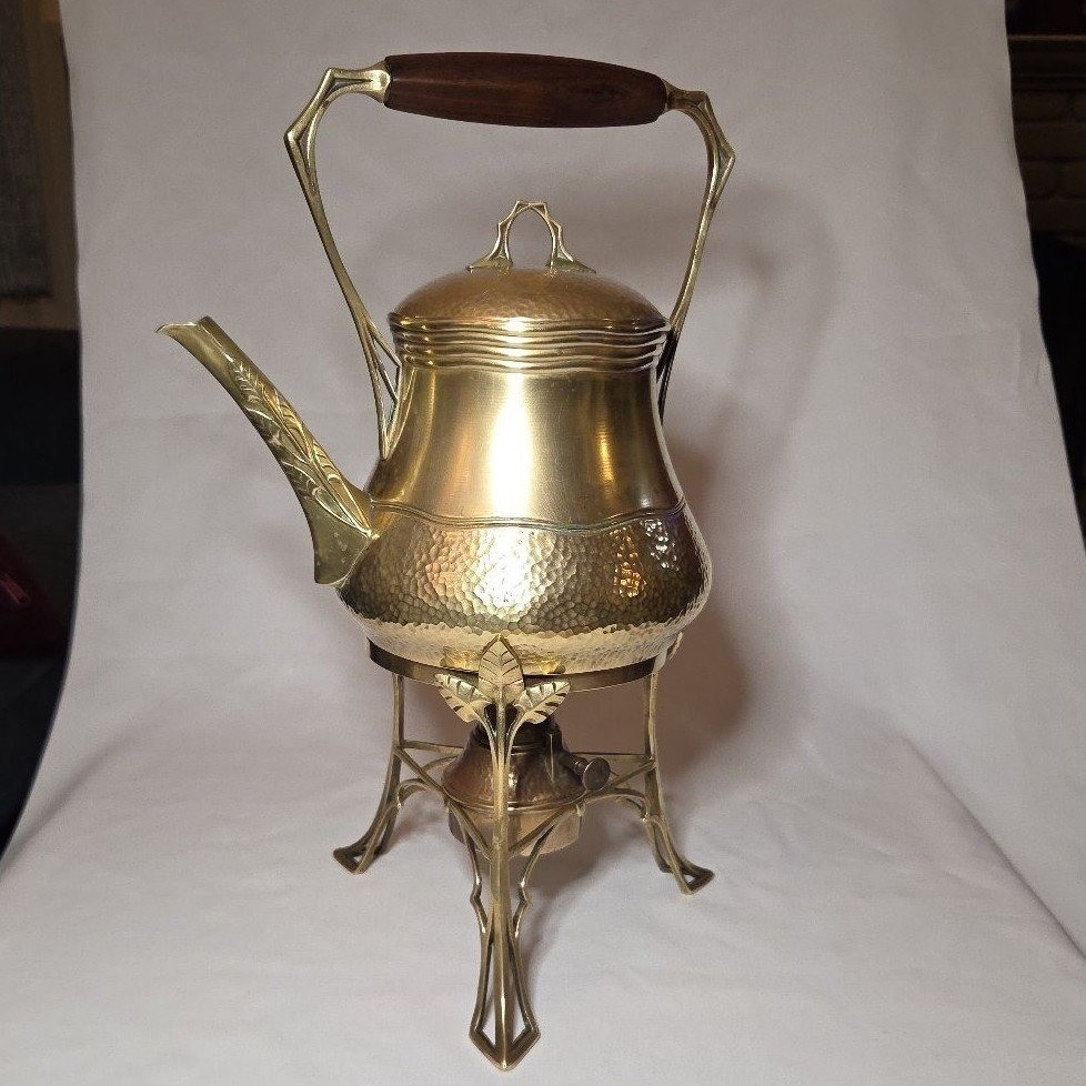 Antique WMF Brass Tea Kettle Warmer Set Art Nouveau Jugendstil c.1900 Germany