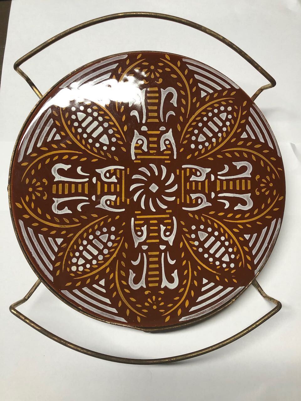Nasco Trivet Brass Handles Mid Century Floral Abstract  Brown Hot Plate Spain