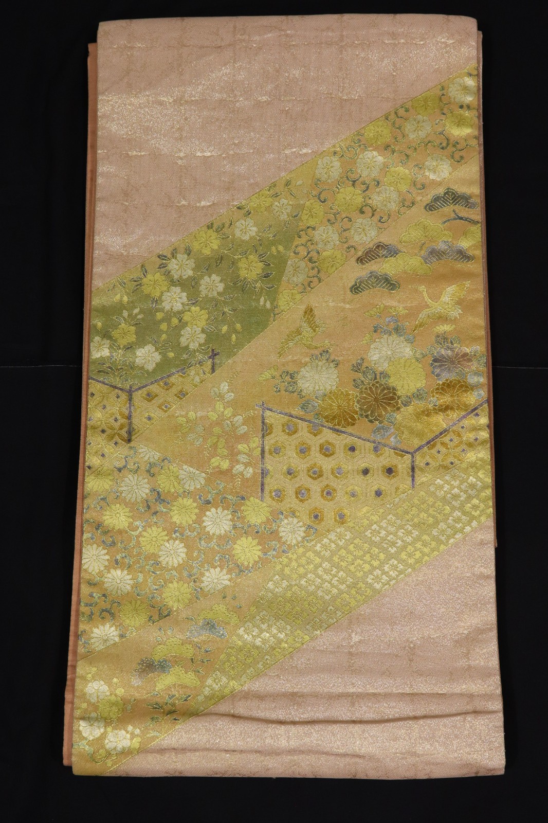Japanese Vintage Silk Fukuro Obi Belt Gold Beige Landscape Floral Crane Showa