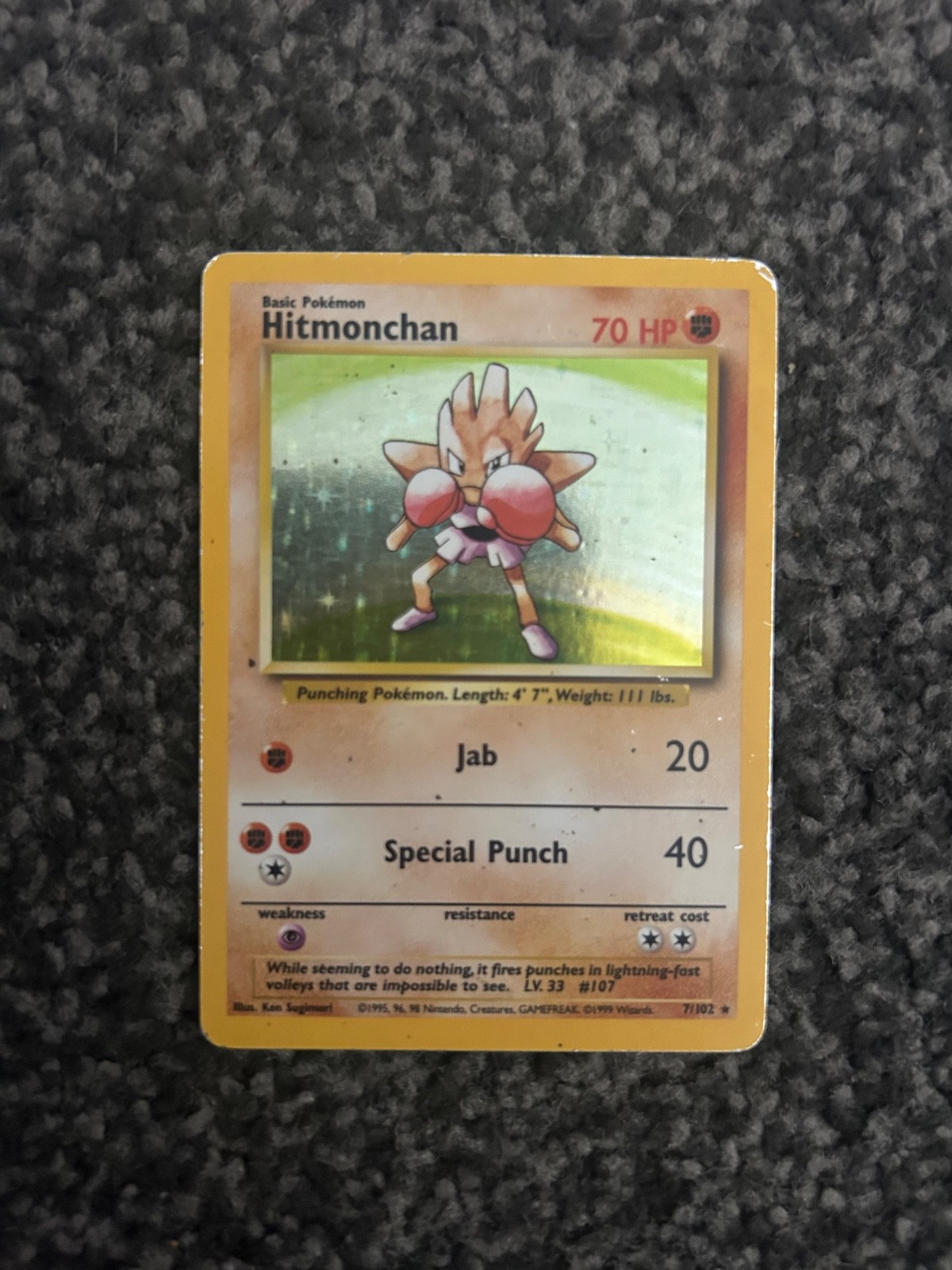 Hitmonchan 7/102 Holo Rare 1999 Pokemon Base Set Unlimited WOTC Vintage LP