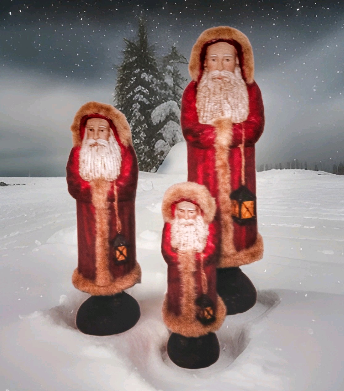 Vintage Set 3 Primitive Red Santa Figurines Faux Fur Lantern 9\