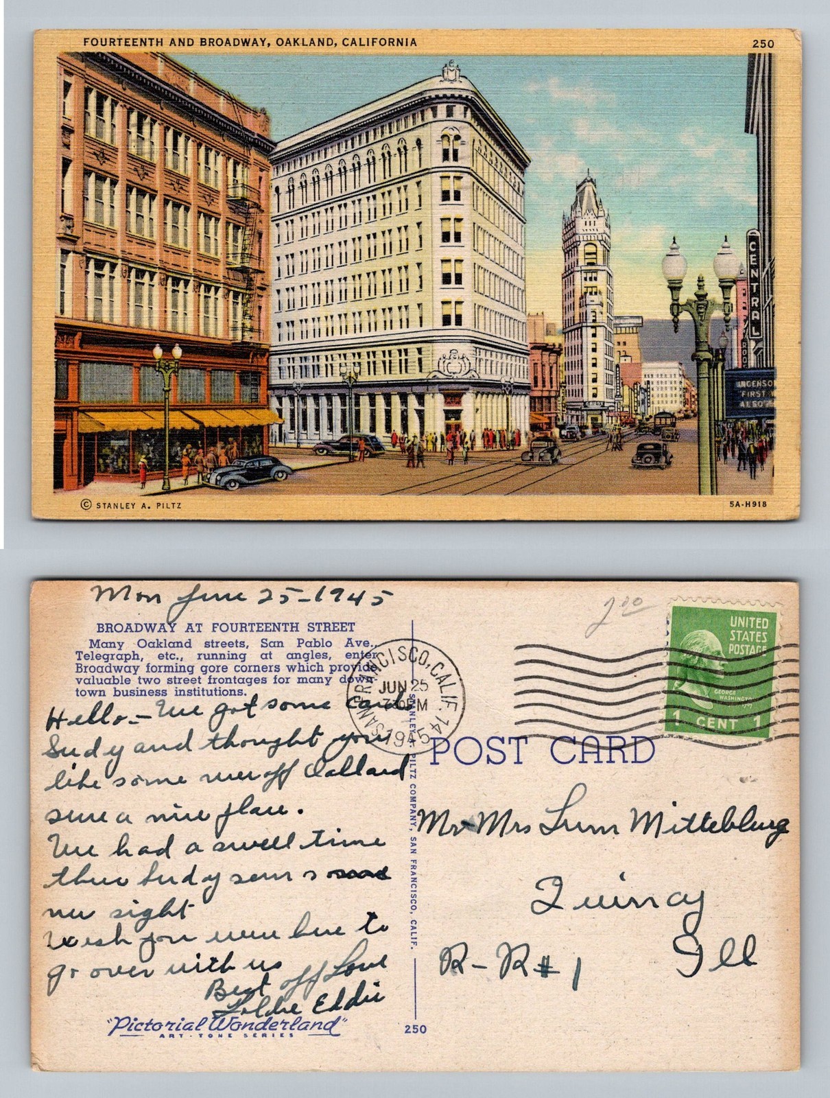 Oakland, CA-California, 14th & Broadway Street Scene c1945 Post Vintage Postcard
