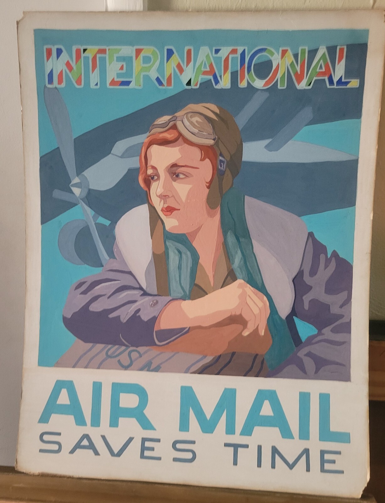 Vintage Advertising Art Painting 1930s Airmail Amelia Earhart Amanda Paxton RARE