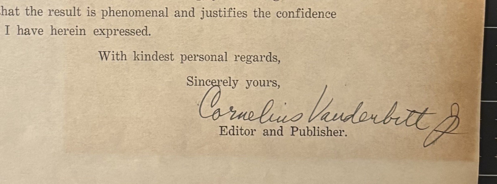 1924 Cornelius Vanderbilt Jr. Signed Letter On Vanderbilt Newspaper Letterhead