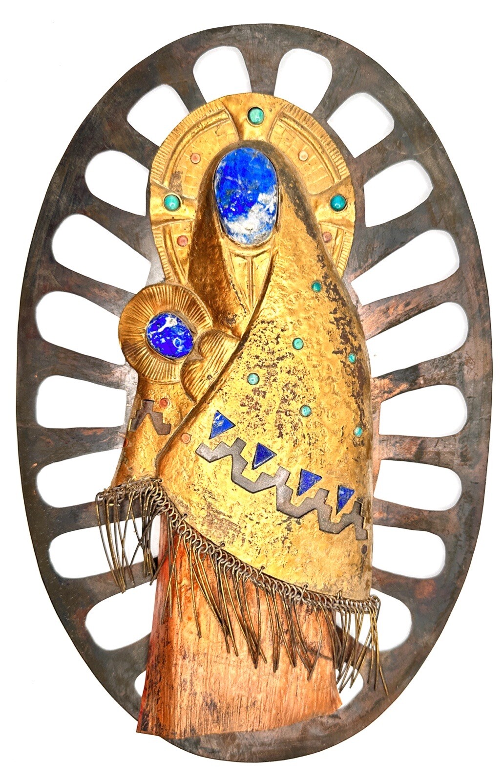 JUAN REYES MCM COPPER BRASS GEMSTONE MADONNA & CHILD WALL HANGING SCULPTURE