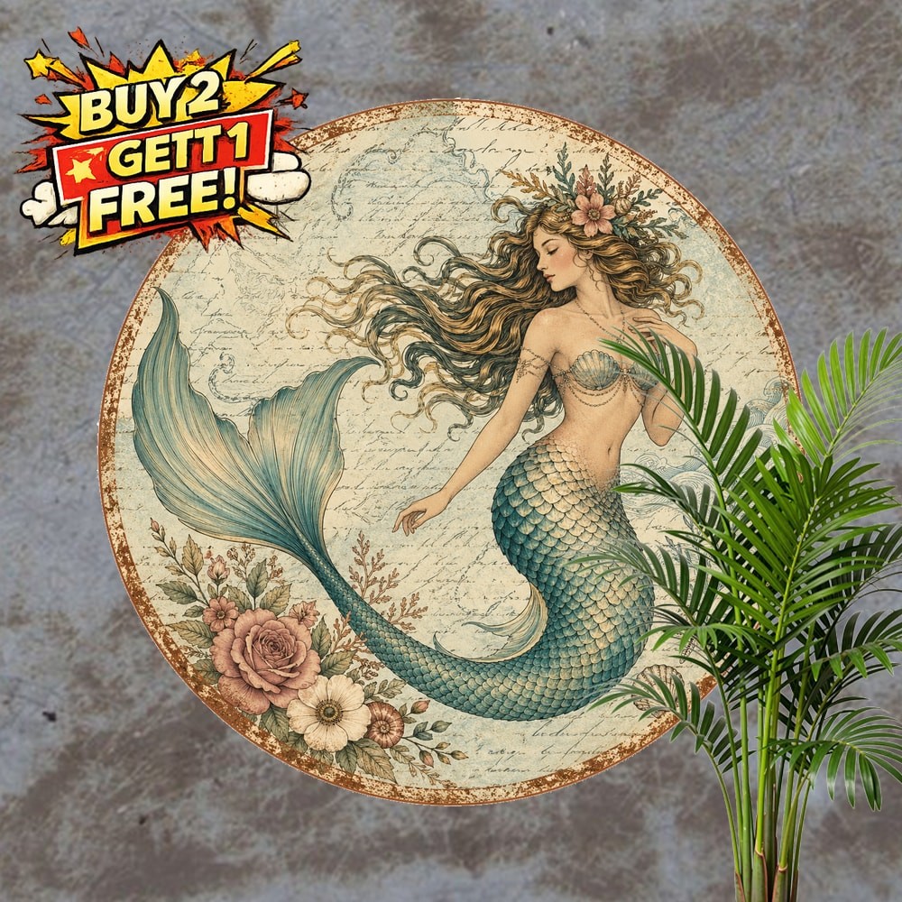 Nautical Mermaid Living Room Round Tin Sign Vintage Coastal Restroom Plaque 8x8