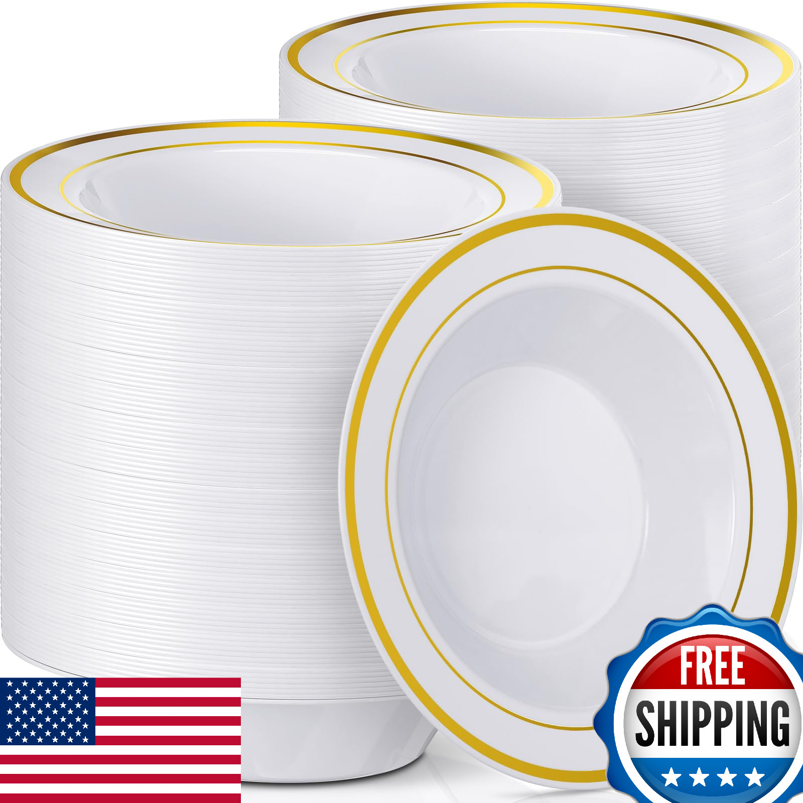 Jinei 150x 6oz Plastic Bowls with Gold Rim - Disposable Soup/Dessert/Salad
