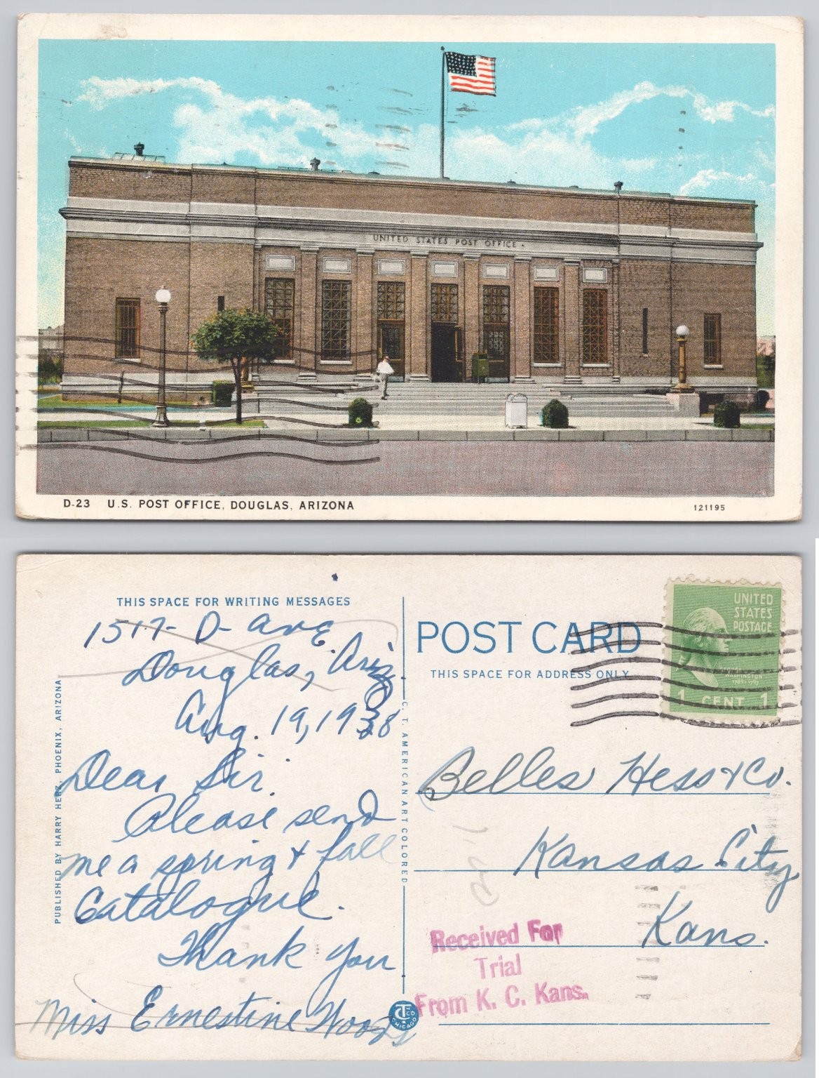 1928 Douglas Arizona Post Office Curt Teich Postcard Sent To Kansas City
