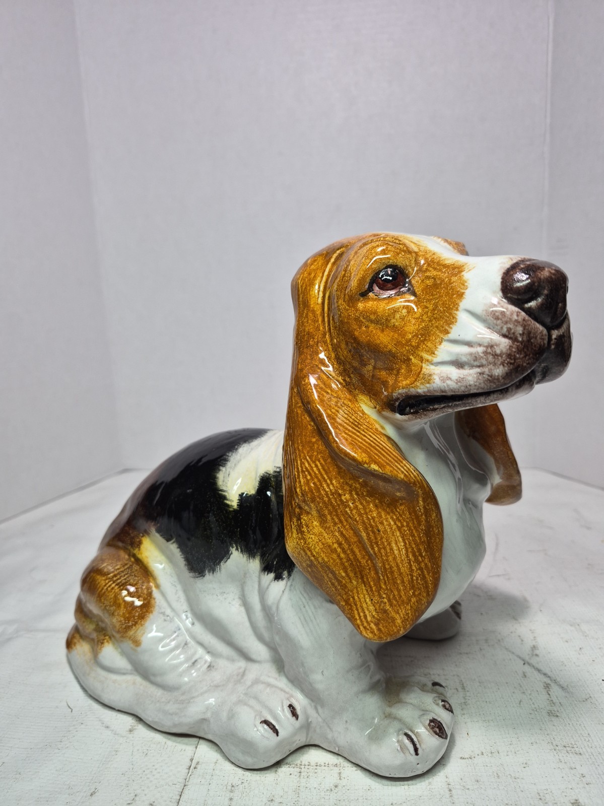 Vintage Ceramic Clay Basset Hound Dog Puppy Size Sculpture Italy Majolica 10\
