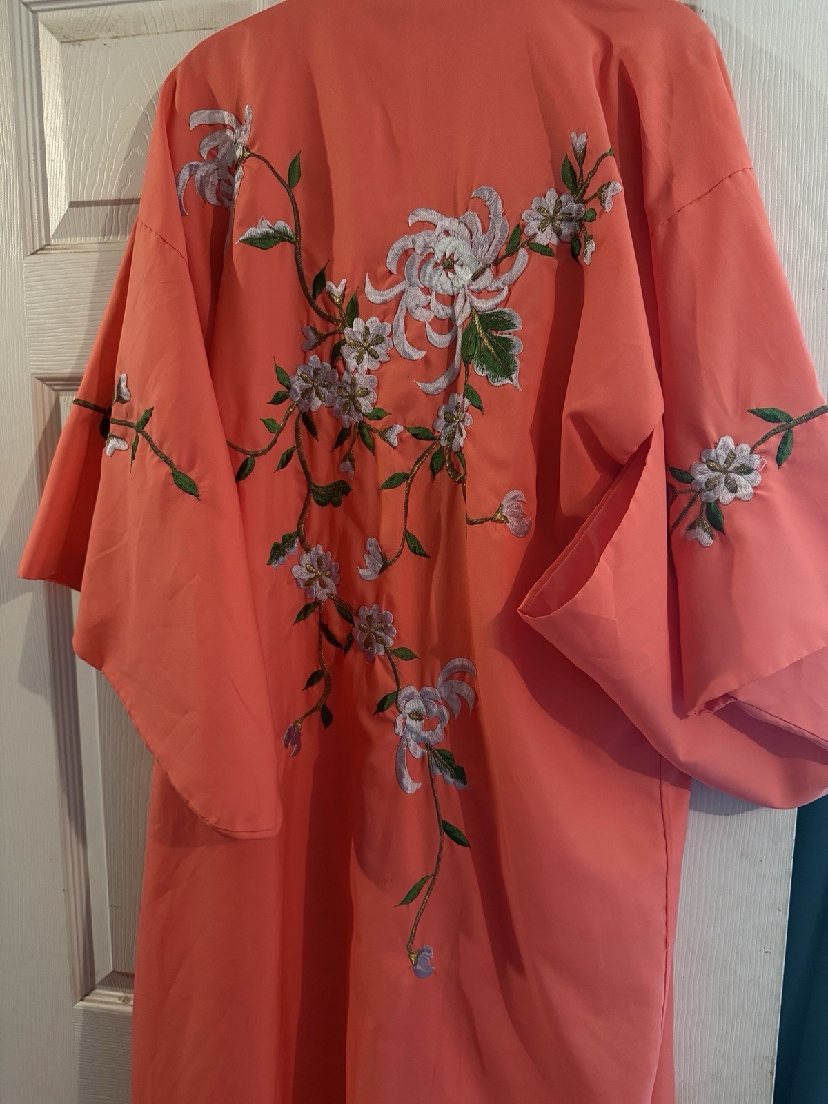 Japanese Kimono Robe Embroidered Vintage Asian Robe Coral With Green Sash