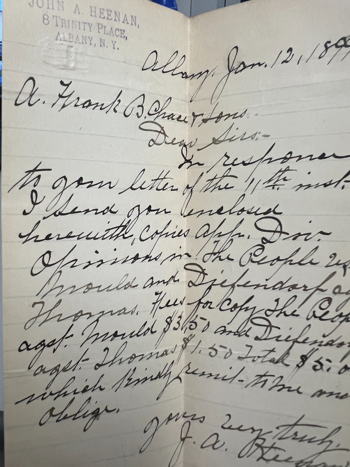 1899 John Heenan 8 Trinity PL  Albany NY  Embossed Handwritten Letter