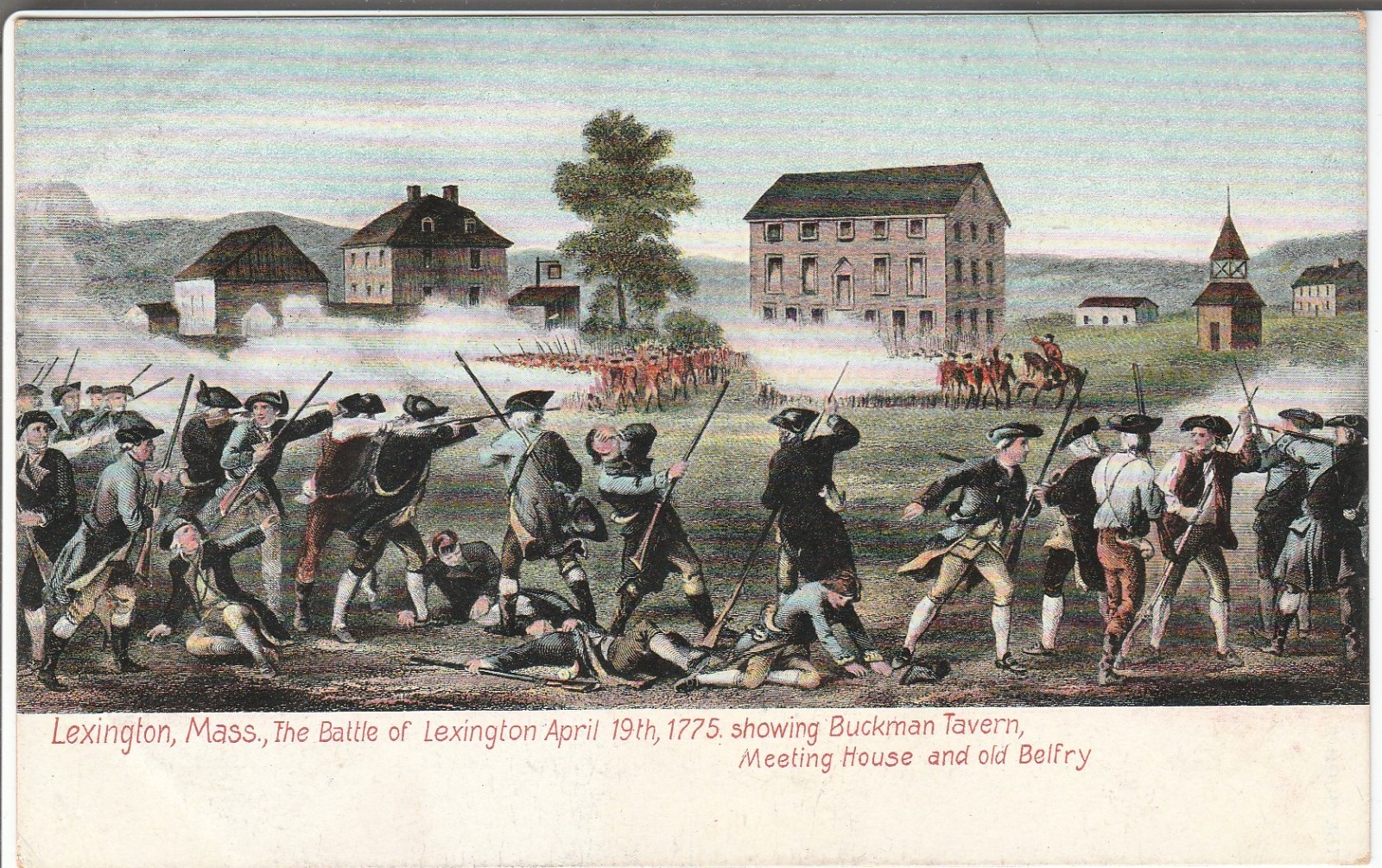 Lexington MA postcard - Battle of 1775 showing Buckman Tavern and Belfy  1910s