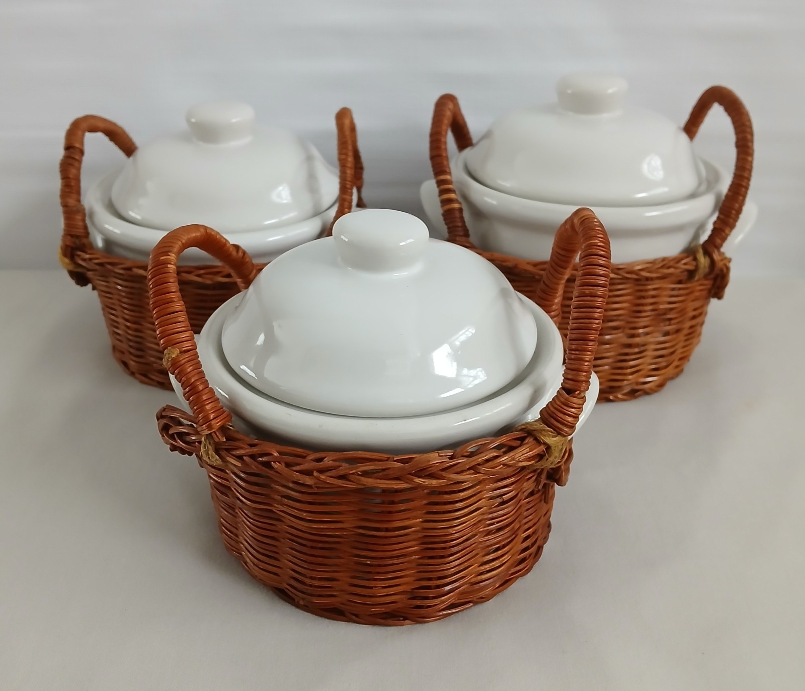 VTG 3pc. Crocks W/Lids & Baskets Pottery Stoneware Crockery Many Uses Excellent
